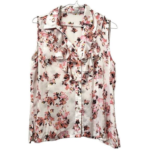 Tahari Floral Ruffle Button Front Sleeveless Chiffon Blouse Top Pink Small - Picture 1 of 3